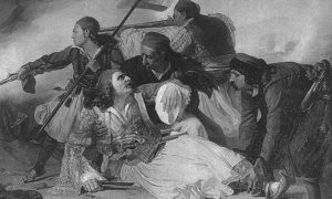 Смрт грчког генерала и хероја Маркоса Ботсариса 8. августа 1823, у бици код Карпенисија.